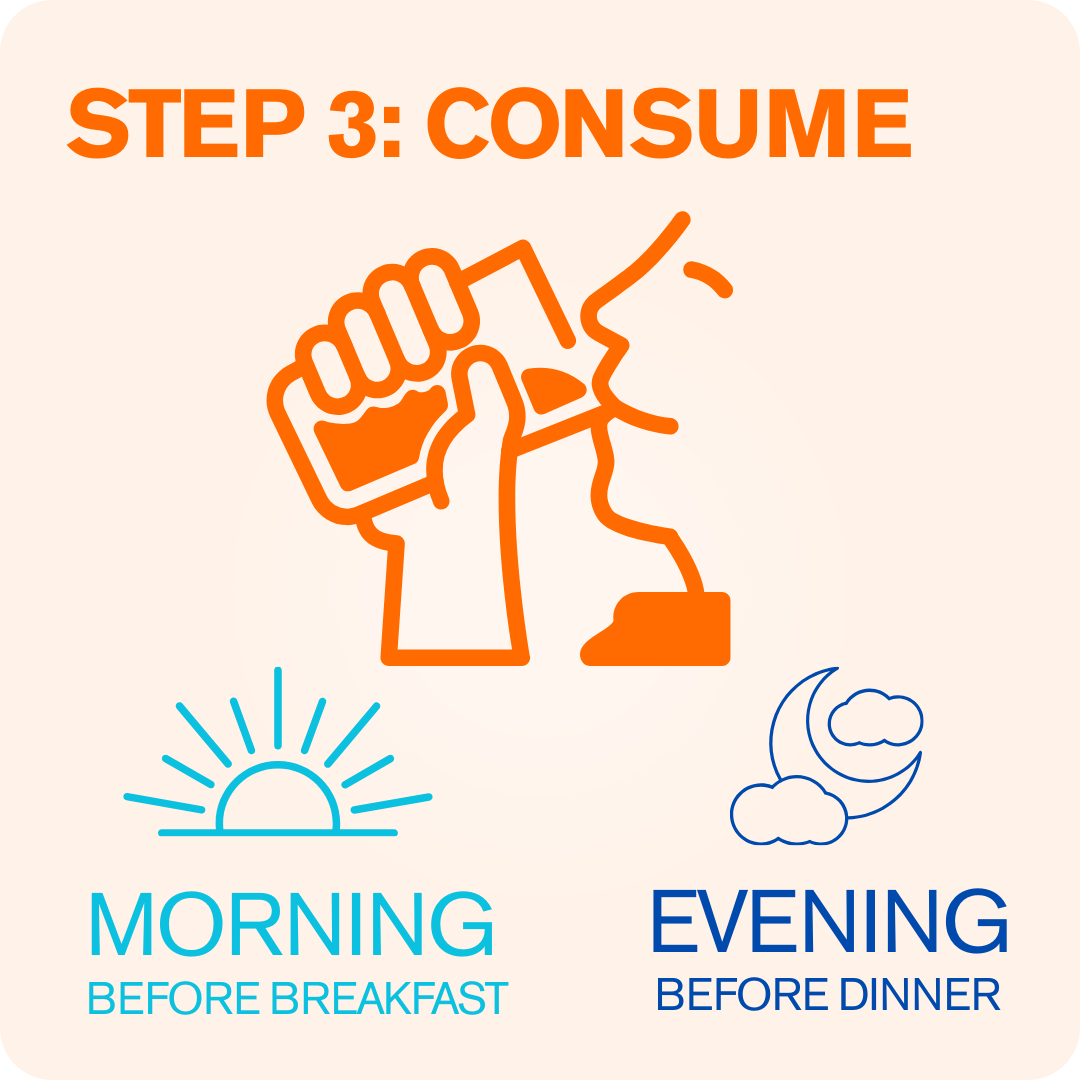 Consume twice daily — once in the morning before breakfast and once in the evening before dinner.